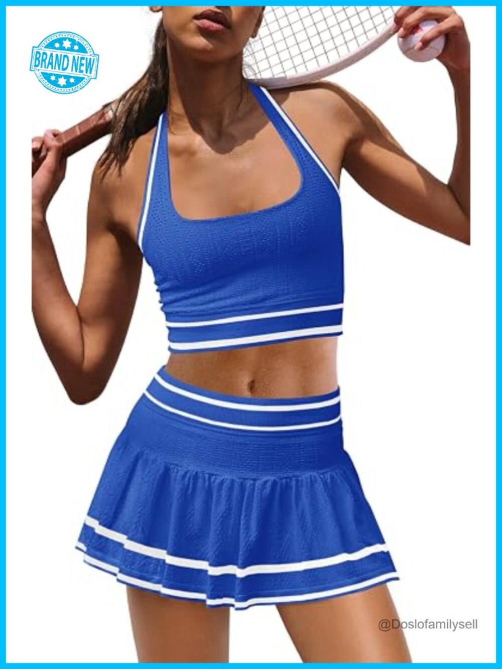 2 Piece Tennis Skirt Set Halter Bra Skort with Built-in Shorts Athletic Workout